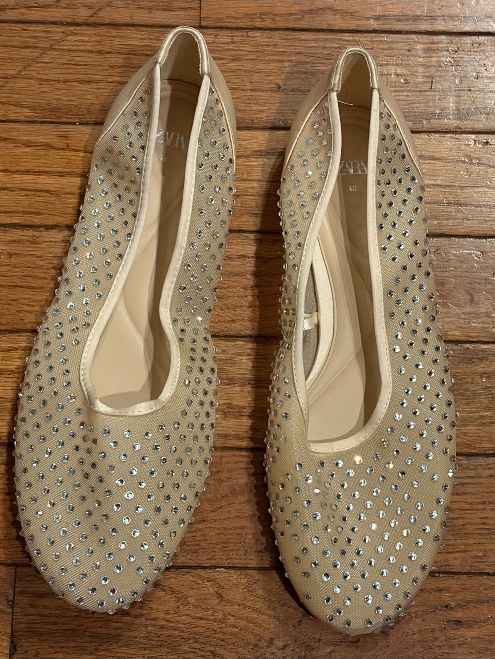 ZARA Beige Cream Nude Mesh Sheer Rhinestone Round Toe Ballet Flats Size 40
